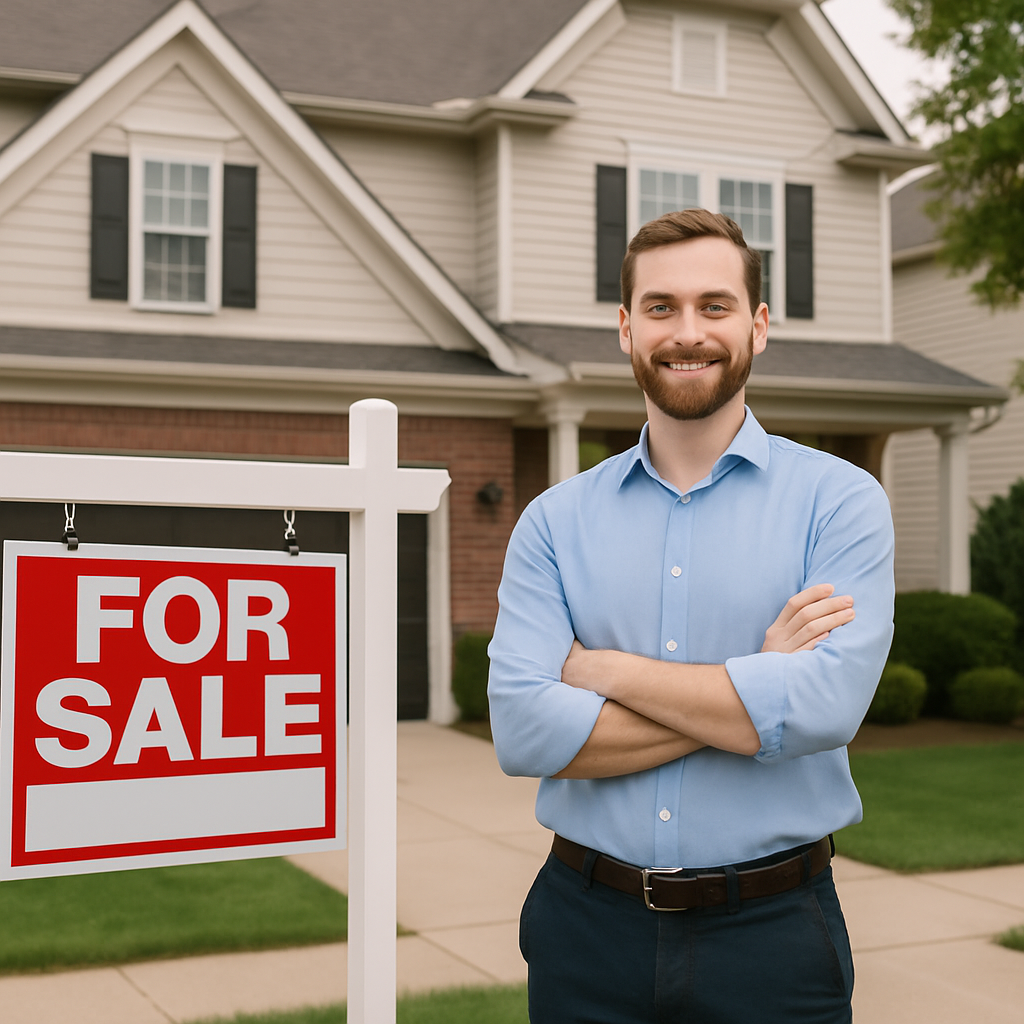 Happy homeowner holding a coffee mug in front of their home